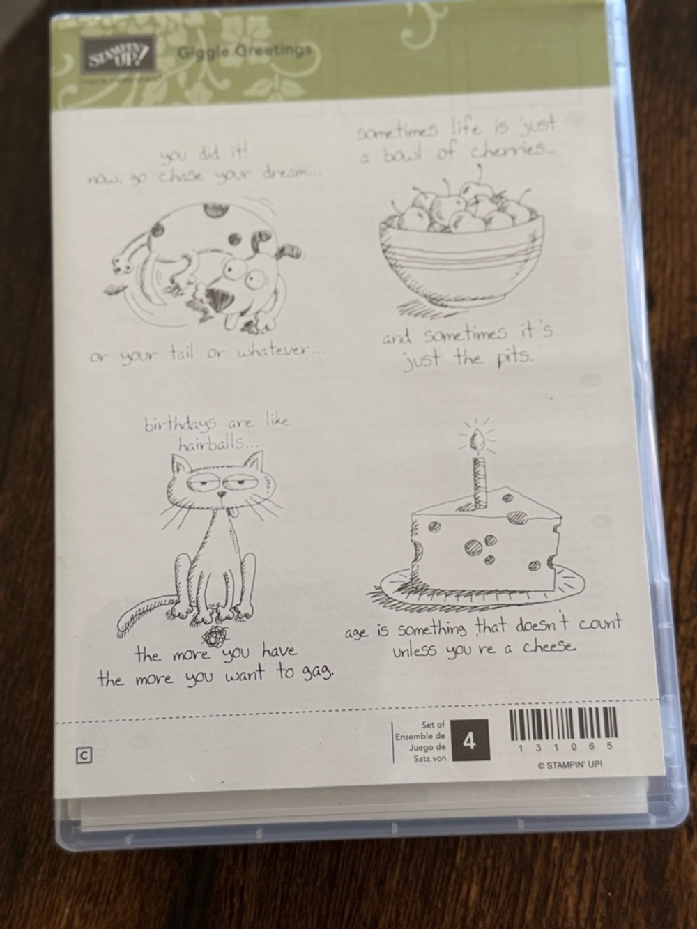Stampin' Up! Giggle Greetings. Cat, dog, cherries, cheese cake Stamp Set